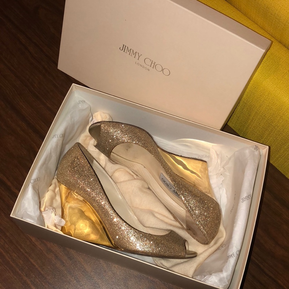 Jimmy Choo Gold Baxen Glitter Wedge Pumps